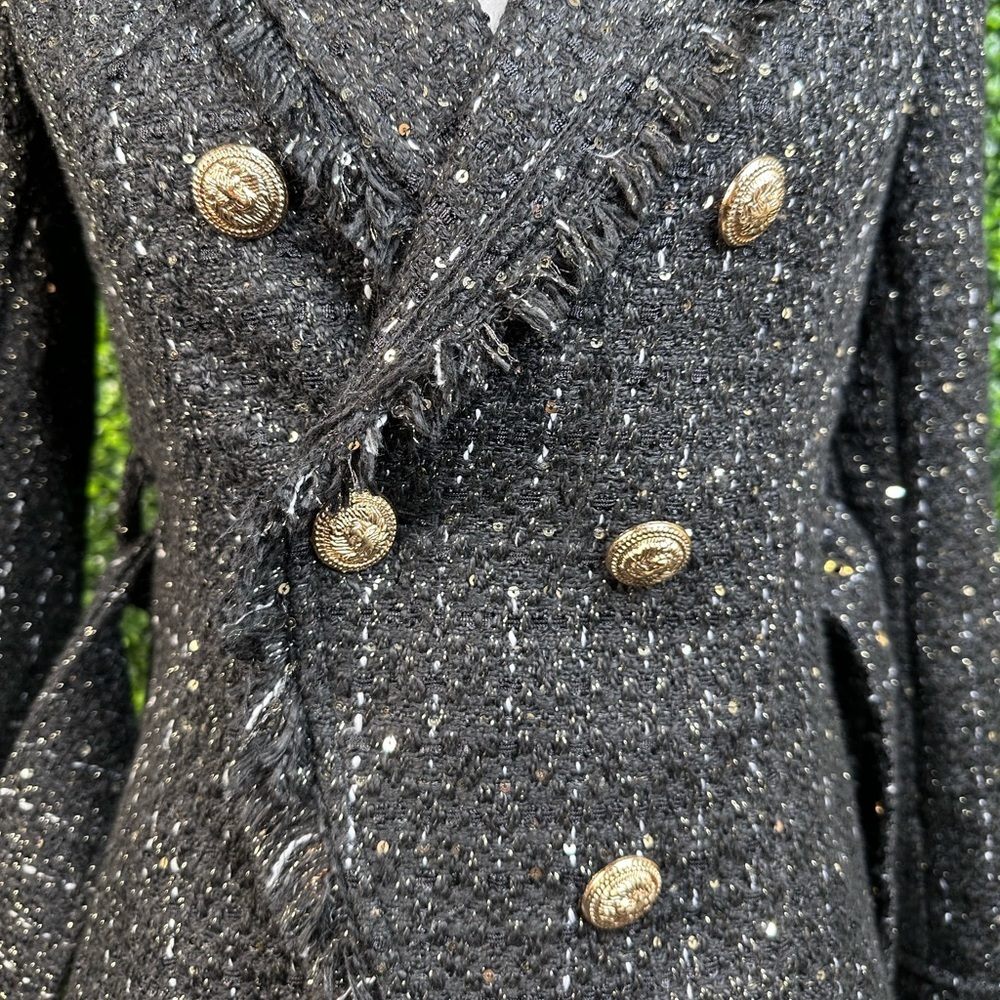 Nwt Black Tweed raw hem Women's pea Coat with belt preppy chic - Picture 8 of 15